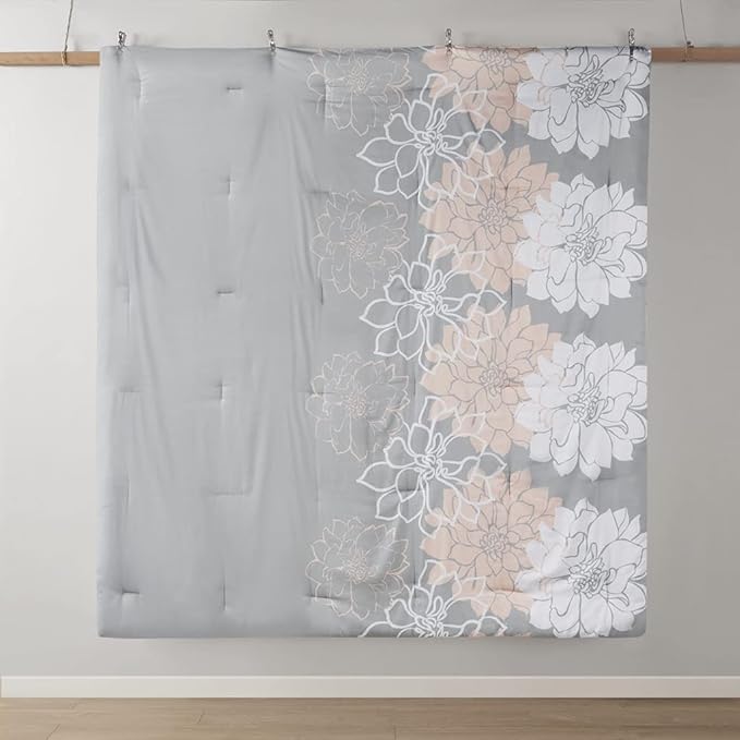 Madison Park Delilah Sateen Cotton Comforter Set, Breathable, Soft Cover, Modern Print, All Season Down Alternative Cozy Bedding with Matching Shams, King/ Cal King, Grey/Blush 3 Piece