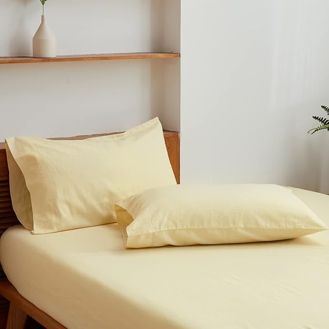 Simple&Opulence Belgian Linen Sheet Set Solid Color - 4 Pieces (1 Flat Sheet, 1 Fitted Sheet & 2 Pillowcases) Natural Flax Cotton Blend Soft Breathable Farmhouse Bedding - King Size, Pale Yellow