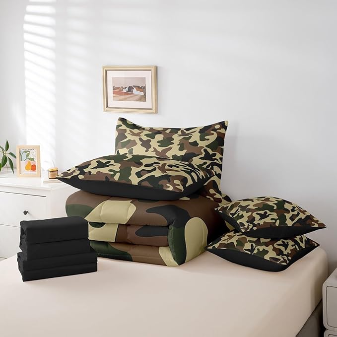 Erosebridal Farmhouse 7 Pcs Comforter Set Twin Size Camo Bedding for Kids Army Camouflage Hunting Bed in A Bag Sheet Set Vintage Brown Green Room Decor Wild Animal Duck Rustic Bed Set
