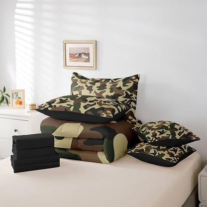 Erosebridal Farmhouse 7 Pcs Comforter Set Twin Size Camo Bedding for Kids Army Camouflage Hunting Bed in A Bag Sheet Set Vintage Brown Green Room Decor Wild Animal Duck Rustic Bed Set