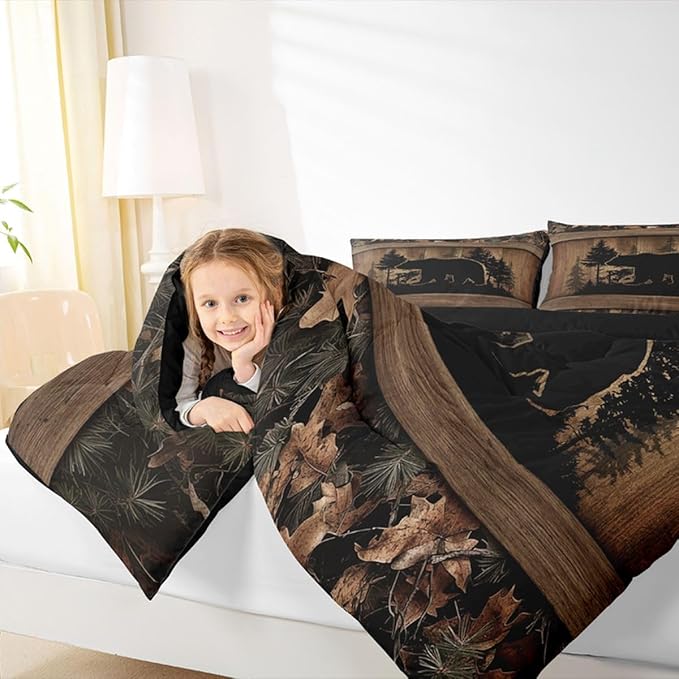 Erosebridal Farmhouse Black Bear Full Size Comforter Set Rustic Camo Bedding Set Country Cabin Lodge Bedding Comforter Sets,Woodland Animal Quilt 3 Pcs