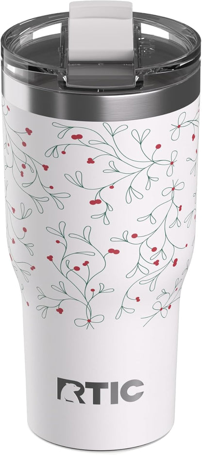 RTIC 30oz Essential Tumbler with Lid, Ceramic Lined, Insulated, Stainless Steel, Metal, Double Wall Vacuum-Insulation, Travel Cup for Iced Coffee, Tea, Hot and Cold Drink, Mistletoe