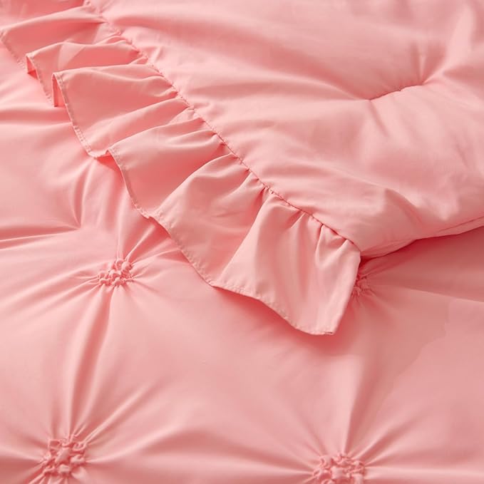 BEDELITE Pink King Size Comforter Set - 3 Pieces Boho Ruffle Pintuck Bedding Comforter Sets, Lightweight Soft & Warm King Bedding Set with 2 Pillowcases for All Season