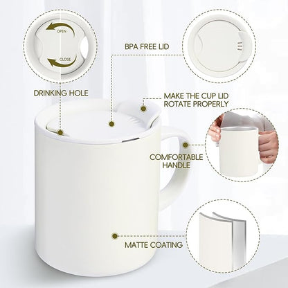 12oz Insulated Camping Coffee Mug with Lid & Handle, Double Wall Stainless Steel Vacuum Travel Coffee Cup, Reusable Tumbler for Home Office Camping - White