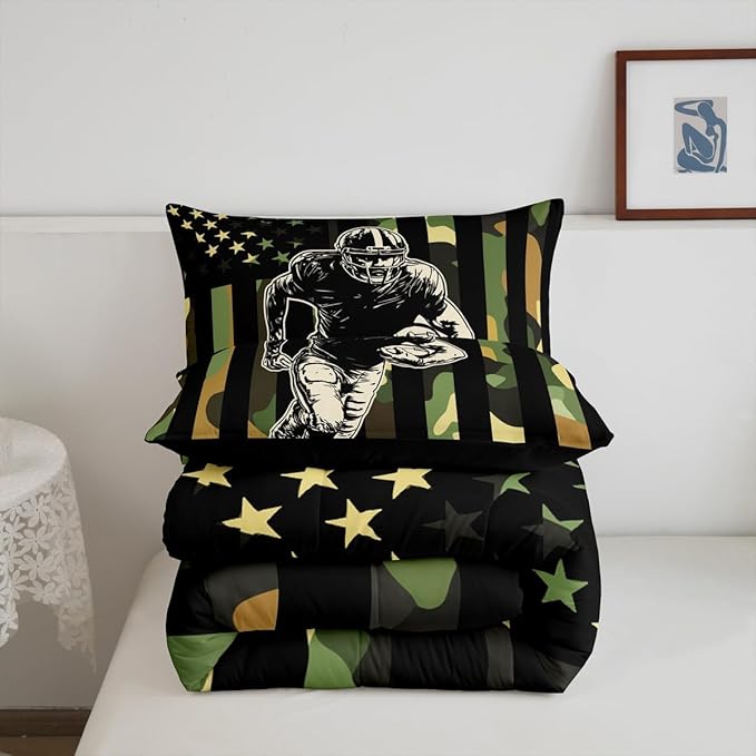 Feelyou Rugby Comforter Set Full Size Football Player Comforter for Boys Girls Teens Camo Bedding Set American Flag Duvet Set Room Decor Camouflage Quilt Set