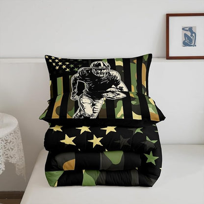 Feelyou Rugby Comforter Set Toddler Size Football Player Comforter for Boys Girls Teens Camo Bedding Set American Flag Duvet Set Room Decor Camouflage Quilt Set