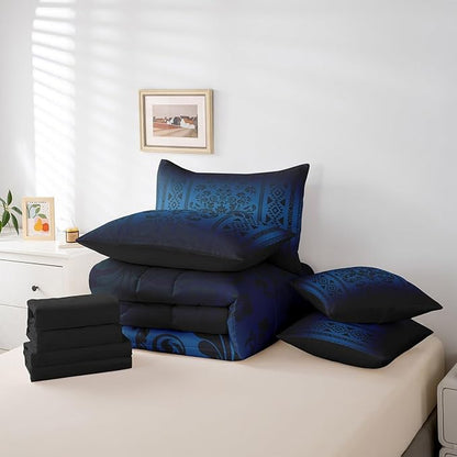 Comforter Set Full Size, Black and Blue Aztec Damask 7 Pcs Bedding for Kids and Adults, Western Goth Floral Victorian Bed Sheet Sets with Fitted Sheet 2 Pillowcases & 2 Shams for Bedroom Bed Decor