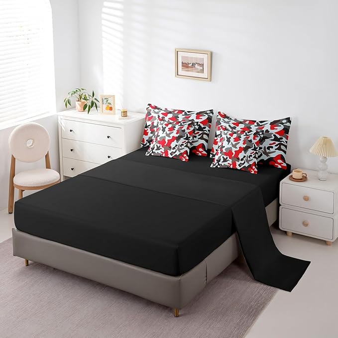 Erosebridal Duck Hunter 7 Pcs Comforter Set Queen Size Camo Bedding for Kids Army Camouflage Hunting Bed in A Bag Sheet Set Vintage Red Grey Bedroom Decor Wild Animal Duck Rustic Bed Set
