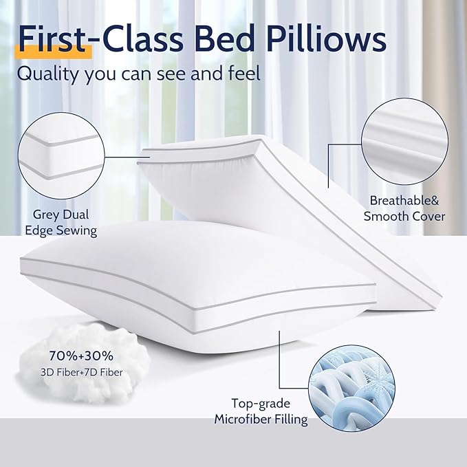 Pillows Queen Size Set of 4,Gusseted Bed Pillows for Sleeping 4 Pack, Luxury Hotel Quality, Supportive Queen Pillows with Soft Down Alternative for Back Stomach Side Sleepers, Machine Washable