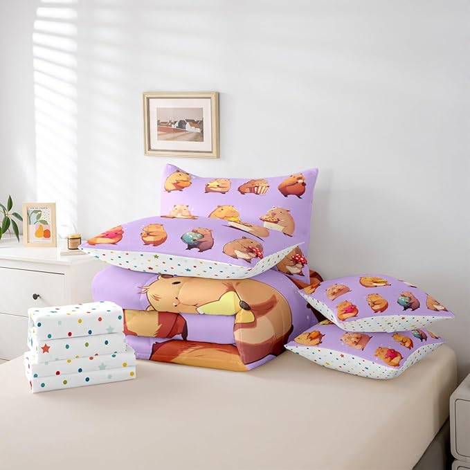 Erosebridal Funny Capybaras 7 Pieces Bedding Set King,Capybara Lover Bed in a Bag,Cartoon Rodents Bed Set Includes Comforter,Sheet Set,Pillowcases & Pillow Covers,Purple Khaki Capybara Bedroom Decor
