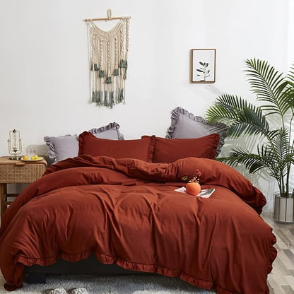 CLOTHKNOW Terracotta Ruffles California King Comforter Set 3Pcs Rust Farmhouse Bedding Comforter Sets Burnt Orange Comforter Soft Shabby Chic Comforter Vintage Rustic Bedding Sets