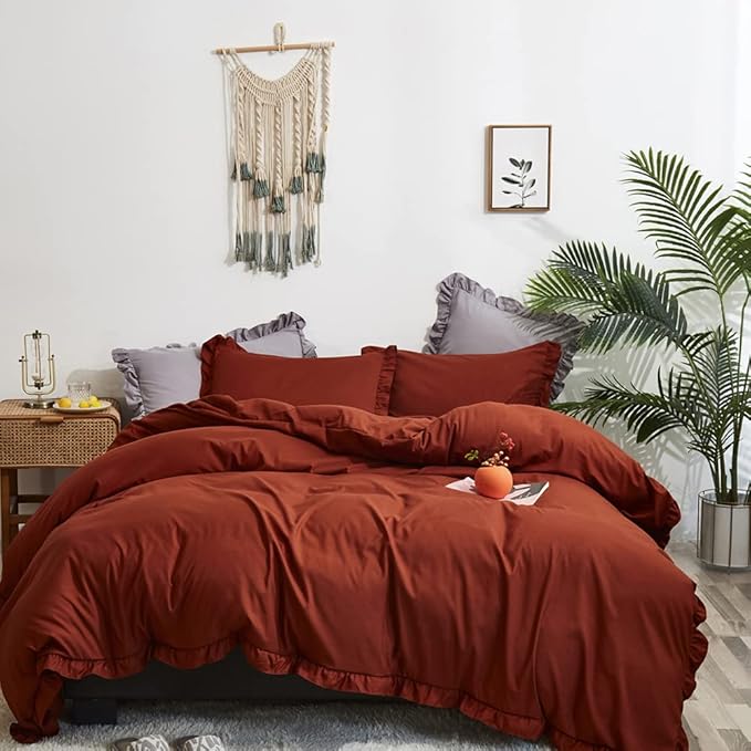 CLOTHKNOW Rust Ruffles King Size Comforter Set Burnt Orange Bedding Comforter Sets Soft Shabby Chic Comforter Vintage Rustic Comforter with 2 x Pillow Cases