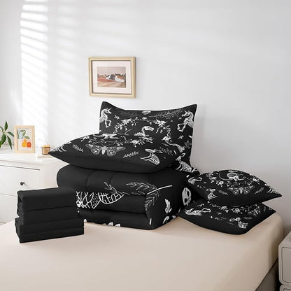 Dinosaur Skeleton Comforter Set King,Gothic Animals Butterfly Bed Sets 7 Pieces with 1 Comforter,2 Pillowcases,2 Pillow Covers,1 Flat Sheet,1 Fitted Sheet,Exotic Boho Flowers Leaves Bedding Set