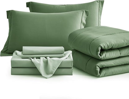 Maple&Stone Full Size Comforter Set 7 Pieces Bed in a Bag - Down Alternative Bed Set with Sheets, Pillowcases & Shams, Soft Reversible Duvet Insert, Olive Green