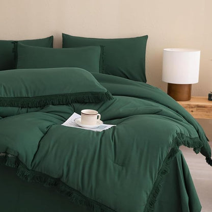 Andency Oversized King Comforter Set Dark Emerald Green 120x98-7 Piece Boho Tassel Bed in a Bag Soft Lightweight Bedding Set, Fringe All Season Bed Set with Comforter, Sheets, Pillowcases & Shams
