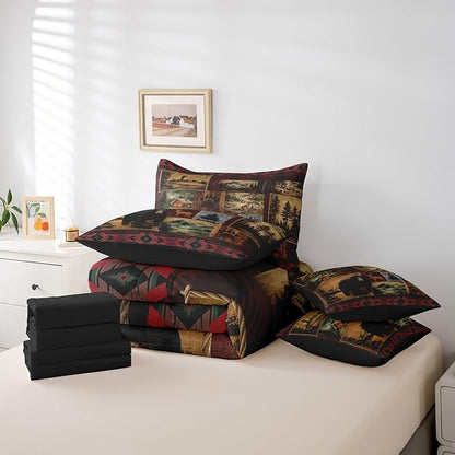 Erosebridal Anlters Moose Bear Hunting King Comforter Set 7 Piece,Boho Rustic Cabin Lodge Bed in a Bag with Sheet Set,Retro Patchwork Buffalo Plaid Bed Sheets,Woodland Fox Wild Animal Bedding Set