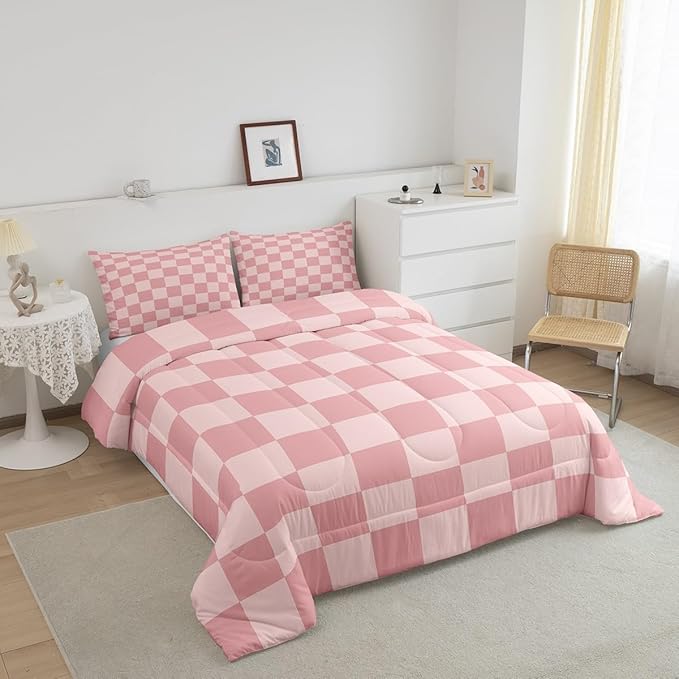 Feelyou Checkered Retro Bedding Set Teen Women Men Pink Gradient Plaid Comforter Set Queen Size Kids Boys Girls Geometric Vintage Duvet Insert Modern Simple Groovy Aesthetic Room Decor