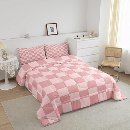 Feelyou Checkered Retro Bedding Set Teen Women Men Pink Gradient Plaid Comforter Set Twin Size Kids Boys Girls Geometric Vintage Duvet Insert Modern Simple Groovy Aesthetic Room Decor