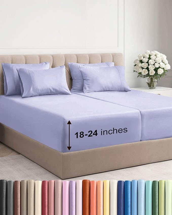 Extra Deep Split King Sheet Set - 7 Piece Breathable and Cooling Sheets - Hotel Luxury Bedding for Women, Men, Kids & Teens - Easy & Secure Fit - Soft and Wrinkle Free - Extra Deep Pockets - Lavender