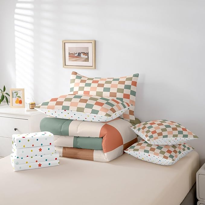 Feelyou Multicolored Checkered Retro 7 Piece Bedding Set Kids Boys Geometric Vintage Comforter Set with Sheets Full Size Ivory White Colorful Bed in a Bag Modern Simple Groovy Aesthetic Room Decor