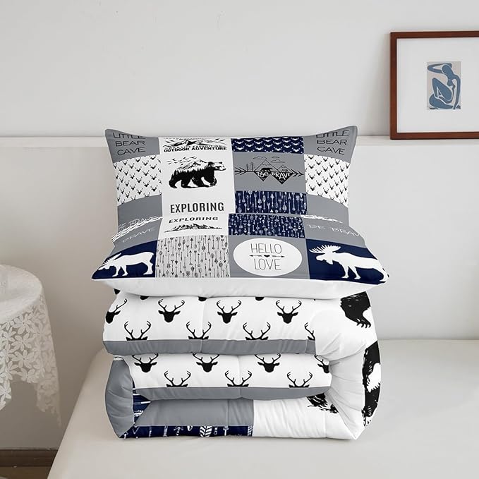 Bear Deer Comforter Set Hunting Camping Bedding Set for Kids Boys Girls Deer Antler Comforter Rustic Cabin Plaid Duvet Set 1 Comforter Set with 2 Pillowcases Full Size Boys