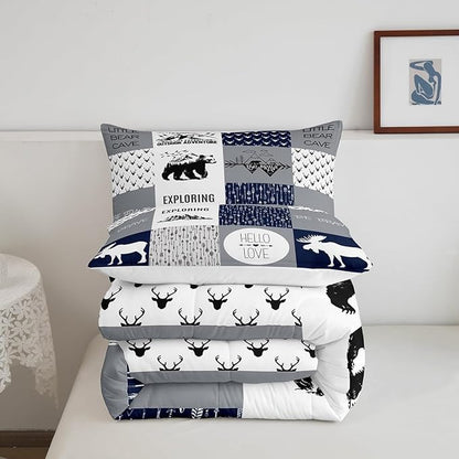 Feelyou Bear Deer Comforter Set Hunting Camping Bedding Set for Kids Boys Girls Deer Antler Comforter Rustic Cabin Plaid Duvet Set 1 Comforter Set with 2 Pillowcases King Size Boys