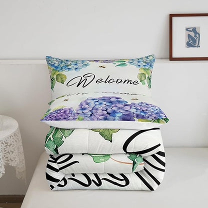 Erosebridal Girls Hydrangea Comforter Set Twin Purple Teal Blue Flowers Bedding Set Farmhouse Floral Bedding Comforter Sets for Kids Adults Women Spring Garden Nature Botanical Quilt Duvet