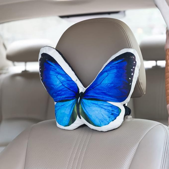 JWH 3D Butterfly Pillow Print Neck Pillows for Car Travel Plane Airplane Trip Headrest Small Pillow Long Flights Essentials Cute Head Rest with Elastic 8 x 12 Inch Royal Blue