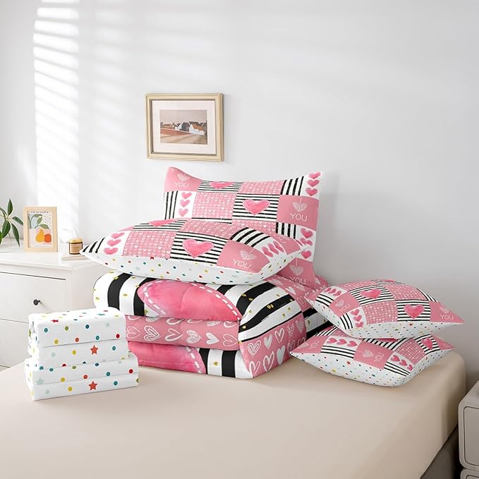 Feelyou Full Size Girls Like Cartoon Cute Comforter Set with Sheets Boys Girls Pink Heart-Shaped 7 Piece Bedding Set for Adult Black Pink Romantic Bed in a Bag Geometric Bed Set