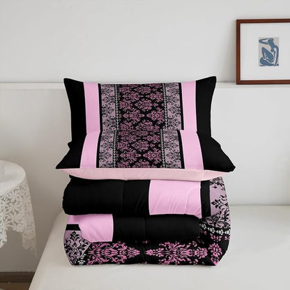jejeloiu Adult Classic Jacquard Bedding Set Full Size Damask Pattern Comforter Set for Boys Girls Black Pink Stripe Duvet Set Baroque Quilt Set 3Pcs