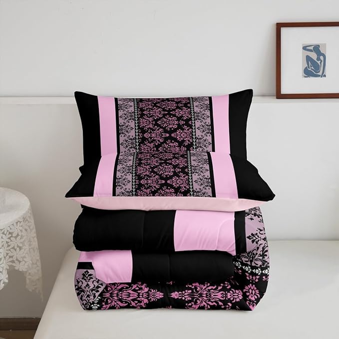 jejeloiu Adult Classic Jacquard Bedding Set Toddle Size Damask Pattern Comforter Set for Boys Girls Black Pink Stripe Duvet Set Baroque Quilt Set 2Pcs