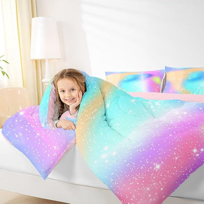 Feelyou Glitter Galaxy Bedding Set Soft for Boys Girls, Cute Rainbow Comforter Set Full Size Tie Dye Ombre Duvet Quilt Microfiber Lovely Kids Rainbows Bedroom Decor 3 Pcs with 2 Pillow Cases