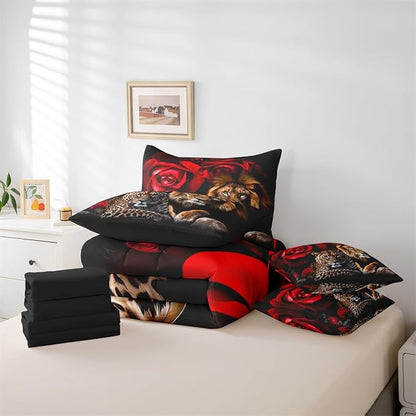 Feelyou Lion Tiger Comforter Set King Size 7 Pieces Girls Rose Floral Wild Animal Bed in a Bag Kids Romantic Flower Bedding Set Wildlife Bed Set with Comforter, Sheet Set, Pillowcases, Pillow Covers