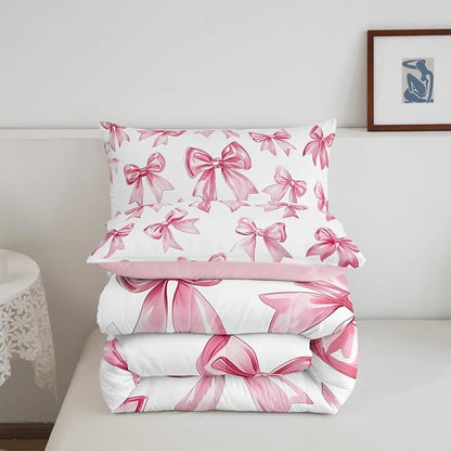 Erosebridal Kawaii Bowknot Girls Bedding Set Dreamy Princess Style Comforter Set Queen for Kids Teen Women,Girly Cute Bow Bedding Comforter Sets Pink Bow Tie Bed Duvet Set 2 Pillow Cases