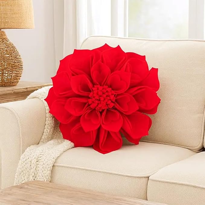 Fennco Styles Handmade 3D Heart-Shaped Petals Flower Decorative Filled Throw Pillow 13" Round - Red Floral Pillow for Couch, Home Décor and Holiday, Housewarming Gift