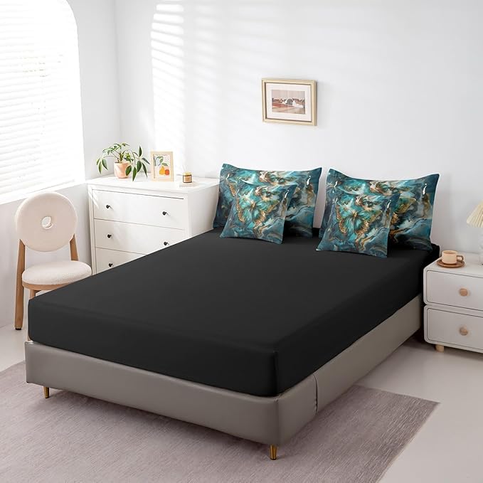 Erosebridal Boho Butterfly King Comforter Set with Sheets 7 Piece,Teal and Gold Marble Gradient Bedding Set Abstract Decor for Bedroom,Trippy Butterfly Bed in a Bag with Pillowcases & Shams