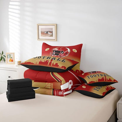 Erosebridal Red Yellow Football King Bed in A Bag for Sports Lovers,American Soccer City 7 Pcs Bedding Set for Kids Boys Teen,Sports Rugby Comforter Set with Sheets Ball Games Bed Set