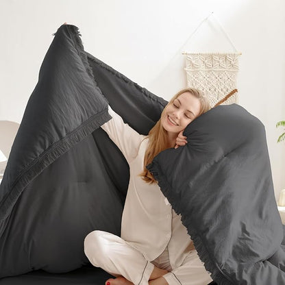 Andency Oversized King Size Comforter Set Dark Grey 128x120, 3 Pieces Boho Soft Lightweight Bedding Comforter Sets, Tassel All Season Bed Set (1 Comforter & 2 Pillowcases)