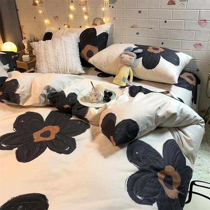 KAREVER Black Floral Comforter Set Black Botanical Bedding Queen Women Chic Blankets Lightweight Black Sunflower Reversible Bed Comforter Set Queen Size