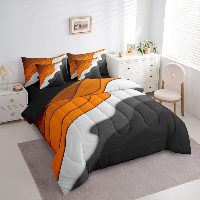 Orange Grey Black Ombre Bedding Twin Size 7-Piece Kids Teens Adults Geometric Stripe Comforter Set, Aesthetic Wave Bedding Comforter Sets Modern Abstract Bed in a Bag, Gradient Bedding Accessories