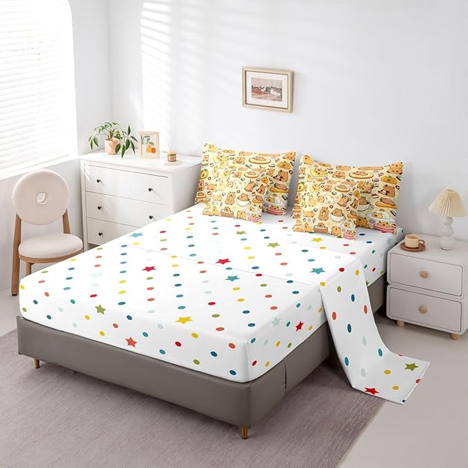 Cute Capybaras 7 Pieces Bedding Set Twin Size,Funny Rodent Animals Bed in a Bag,Capybara Themed Bed Set Includes Comforter,Sheet Set,Pillowcases & Pillow Covers,Yummy Donut Cakes Bedroom Decor