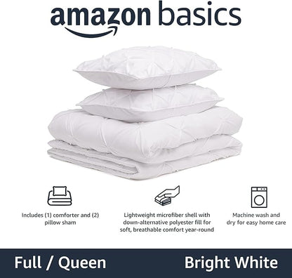 Amazon Basics Soft, Lightweight Down-Alternative Comforter Set, 3-Piece Pinch-Pleat Bedding Set with Piped Edges, Full/Queen Size, Bright White