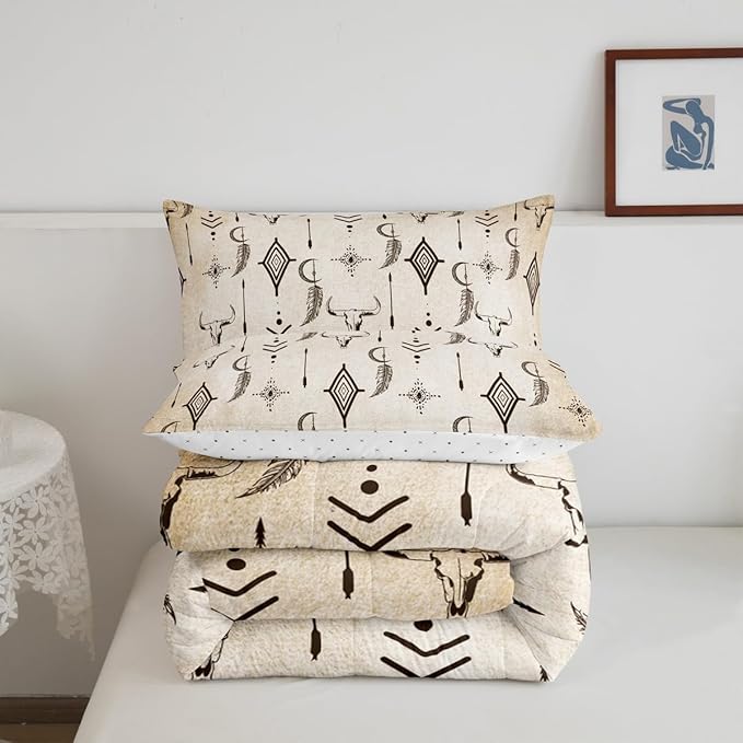 Feelyou Bull Skull Western Comforter Set Ethnic Horns Boho Twin Size Bedding Set for Kids Adult Black Brown Tribal Symbol Mysterious Aztec Comforter