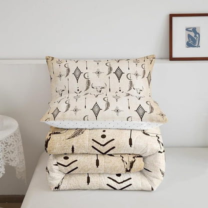 Feelyou Bull Skull Western Comforter Set Ethnic Horns Boho Twin Size Bedding Set for Kids Adult Black Brown Tribal Symbol Mysterious Aztec Comforter