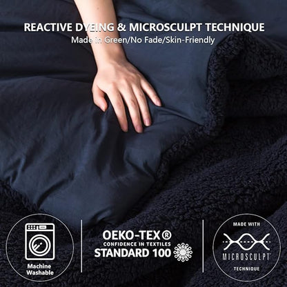 Warm Sherpa Comforter Set with Pillowshams Fleece Comforter King Size Lightweight Cozy Plush Washable Cotton Down Alternative Soft Comforter and Pillow Shams(Dark Navy Blue,King)