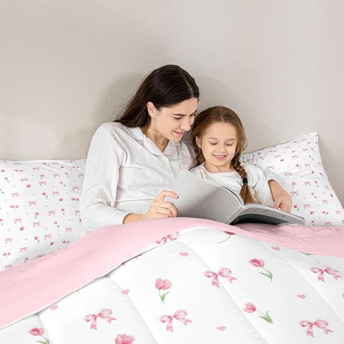 Feelyou Floral Bedding Set Soft for Boys Girls, Pink White Floral Bow Comforter Set Toddler Size Kawaii Bowknot Duvet Quilt Microfiber Pink Bow Bedroom Decor 2 Pcs with 1 Pillow Cases