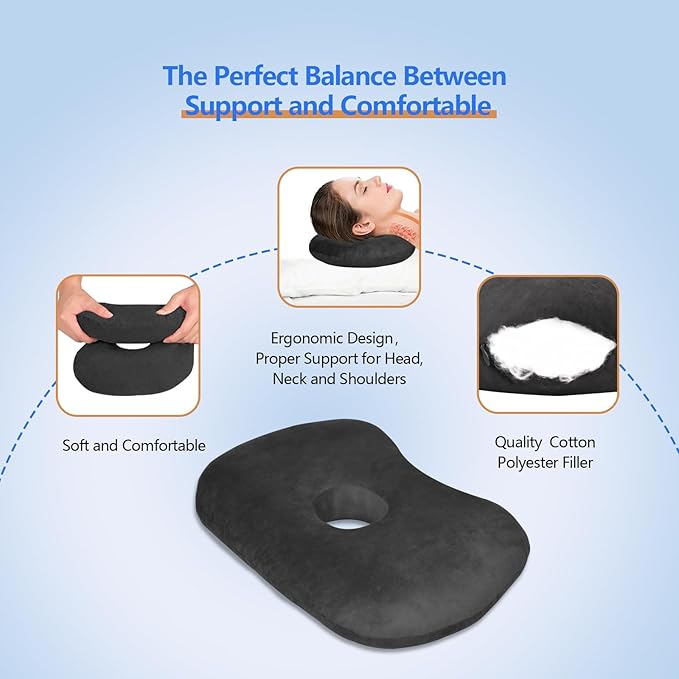 Ear Piercing Hole Pillows Side Sleeper Pillow with an Ear Hole for CNH Side Sleepers and Ear Inflammation Pressure Sores, Adjustable Cotton and Polyester Curved Side Pillow, Black Velvet