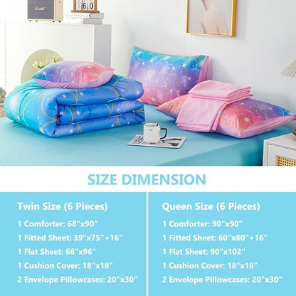 PERFEMET Queen Size Girls Comforter Set with Sheets 6 Pieces Mermaid Tail Print Kids Bedding Set Colorful Rainbow Teen Girl Bed in A Bag Pink Purple Ombre Bed Set for Girls Women