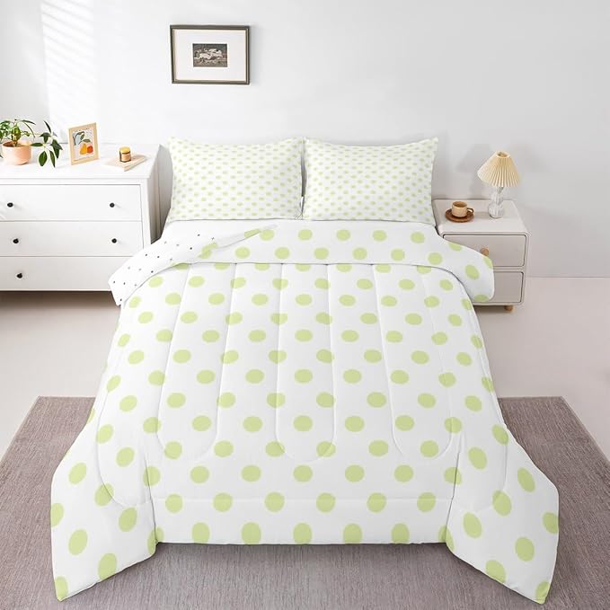 Manfei Cute Polka Dots Comforter Set Twin Size,Cartoon Dots French Style Lovely Bedding Set for Kids Teens,Geometric Circles Yellow Green White Simple Art Comforter,2 Pcs 1 Pillowcase
