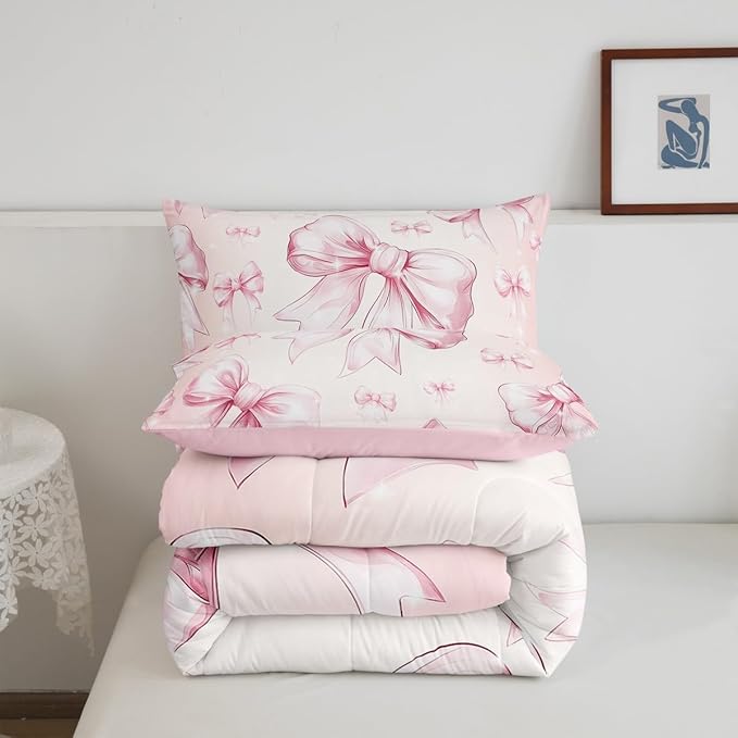 Erosebridal Pink Bow Girls Twin Bedding Set Kawaii Bowknot Comforter Set for Kids Teen Women Bedroom Decor,Glitter Bow Bedding Comforter Sets Dreamy Princess Bowknot Quilt Duvet 1 Pillow Case